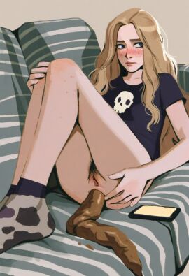anal_grip anus black_shirt blonde_hair blue_eyes bottomless couch female freckles original_character pubic_hair pussy scat smartphone socks sofa twenty-2