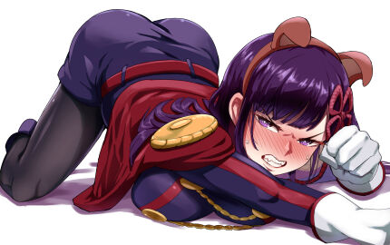 angry angry_expression anti-demon_corps_uniform ass bent_over breasts dog_ears fake_animal_ears female gloves hair_ornament large_breasts long_hair mato_seihei_no_slave purple_eyes purple_hair yamada_otonari yamashiro_ren