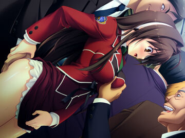 breasts brown_eyes brown_hair female game_cg grabbing_another's_breast groping highres large_breasts maishima_yuri molestation nerawareta_megami_tenshi_angeltia non-web_source school_uniform skirt tsukumo_kazuita underwear