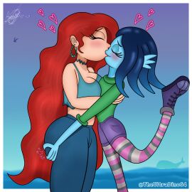 ass ass_grab big_breasts boots breasts chelsea_(ruby_gillman) chelsea_van_der_zee dreamworks dreamworks_animation female fish_hair_ornament hug human jean_shorts jeans kissing kraken lesbian_kiss ruby_gillman ruby_gillman teenage_kraken socks theultradino64 touching_ass yuri