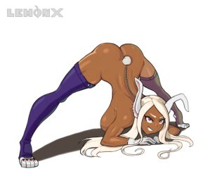 bunny_ears bunny_girl bunny_tail completely_nude dark_skin disguise female gloves jack-o_pose lemonxxxchanj meme miruko my_hero_academia nude posing red_eyes skinsuit white_hair zipper