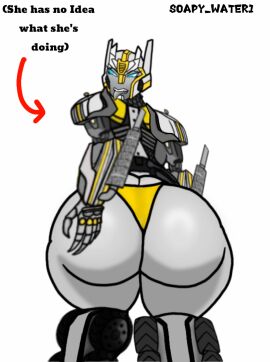 armored_female arrow fat_ass female hand_on_ass looking_at_viewer oc original original_character text thick_ass thick_legs thick_thighs tight_clothing tongue tongue_out transformers underwear