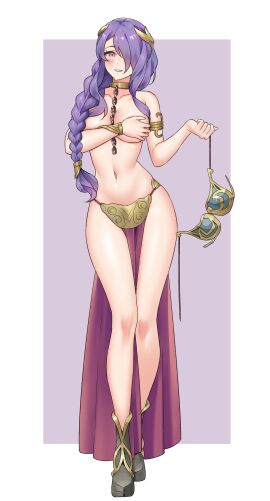 1girls alternate_costume alternate_hairstyle armlet belly_dancer belly_dancer_outfit bikini black_footwear blush boots braid breasts camilla_(fire_emblem) chain chain_leash chains cleavage collar commission cosplay covering_breasts covering_privates crossover female female_only fire_emblem fire_emblem_fates freckles full_body grin hair_ornament hair_over_one_eye harem_girl harem_outfit highres holding_bra igni_tion jewelry large_breasts lavender_hair leash loincloth long_hair looking_at_viewer metal_bikini metal_collar navel one_eye_covered pelvic_curtain purple_eyes purple_hair redkite333 revealing_clothes shoes slave slave_bikini slave_collar slave_girl slave_leia_(cosplay) slave_outfit smile solo star_wars stomach swimsuit unworn_bikini_top