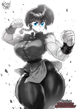 1girls black_and_white blue_eyes breasts clothing female female_only fighting_stance large_breasts monochrome muscular muscular_female ranma-chan ranma_1/2 ranma_saotome solo thegoldensmurf thick_thighs wide_hips wrist_cuffs