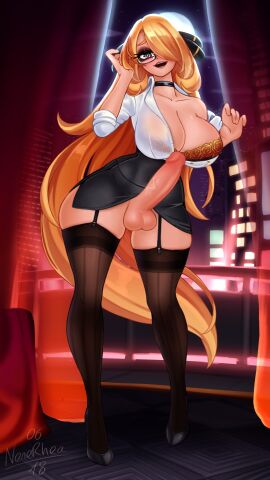 1futa areolae balls blonde_hair bottomless breasts clothed clothing cynthia_(pokemon) erection futa_only futanari garter_straps glasses huge_breasts huge_hips human intersex light-skinned_futa light_skin long_hair looking_at_viewer mostly_clothed nenerhea nipples pencil_skirt penis penis_under_skirt pokemon pokemon_dppt shirt_lift skirt smiling_at_viewer solo standing thick_thighs thighhighs wide_hips