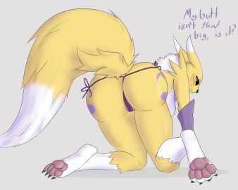 5:4 anthro ass bandai_namco bikini bikini_thong blush canid canine clothed clothing digimon digimon_(species) english_text eyebrows female fox hi_res looking_at_viewer looking_back mammal multicolored_ears multicolored_tail renamon solo swimwear tail text umbra_draws