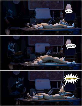 3d after_orgasm_torture anthro arched_back ash_(ruaidri) ball_gag bodily_fluids bound canid canine canis clothed clothed/nude clothed_male_nude_male clothing comic cum cum_on_body cum_on_chest cum_on_self detailed_background dipstick_limbs dipstick_tail duo ejaculation emanata english_text erection feet feet_tied fennec_fox forced_orgasm fox fur furniture gag gagged genital_fluids hands_tied kyle_(ruaidri) lying male male/male mammal markings motion_blur multiple_orgasms nude on_back orgasm orgasm_count overstimulation pawpads penile penis penis_milking ruaidri spread_eagle spread_toes struggling table tail tail_markings text toes true_fox wolf