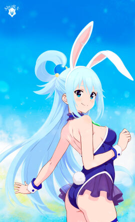 1girls absurdres abyzr.n alternate_costume animal_ears aqua_(konosuba) aqua_hair ass back backless_leotard bare_shoulders blue_choker blue_eyes blue_leotard breasts bunny_ears choker dot_nose fake_animal_ears fake_tail female frilled_choker frilled_leotard frills from_behind hair_ornament hair_rings highleg highleg_leotard highres kono_subarashii_sekai_ni_shukufuku_wo! leotard light_blush long_hair looking_at_viewer medium_breasts outstretched_arm playboy_bunny rabbit_ears rabbit_tail sidelocks single_hair_ring smile solo sphere_hair_ornament tail white_wrist_cuffs wrist_cuffs