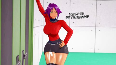 1girls 3d bleach clothed_female female hand_on_hip nakadashi_(artist) pose posing purple-haired_female purple_hair shihouin_yoruichi tagme yellow_eyes yoruichi_shihouin