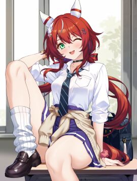 alternate_costume animal_ears breasts commentary_request commission desk female green_eyes gyaru highres horse_ears horse_tail long_hair looking_at_viewer low_twintails medium_breasts one_eye_closed open_mouth red_hair school_desk school_uniform shirokuma_a sitting skeb_commission solo tail twintails umamusume variant_set win_variation_(umamusume)