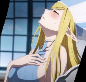 1girls annette_(isekai_shikkaku) bare_shoulders big_breasts blonde_hair blue_dress breasts busty closed_eyes collarbone dress elf female female_only flustered from_side halter_top halterneck hand_on_own_chest highres horny horny_female isekai_shikkaku large_breasts parted_lips pointy_ears screencap shoulder_plates sideboob sidelocks sleeveless solo stitched sweatdrop voluptuous