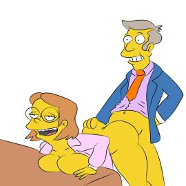 1boy 1girls 20th_century_studios accurate_art_style ass breasts brown_hair clothing desk doggy_style duo elizabeth_hoover female glasses grey_hair hand_on_ass human male male/female maxtlat no_pants sex seymour_skinner smiling straight straight_sex table the_simpsons white_background yellow_body yellow_skin