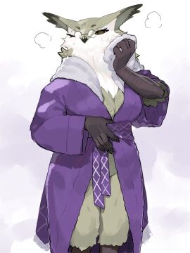 2024 anthro avian avian_humanoid beak bird breasts brown_eyes cheek_tuft clothing digital_drawing_(artwork) digital_media_(artwork) eyewear facial_tuft feathers female fluffy_chest fur glasses hi_res holding_object holding_towel kame_3 looking_back medium_breasts multicolored_body multicolored_fur owl owl_girl purple_clothing ramona_(unicorn_overlord) robe robe_only simple_background small_beak solo standing steam thick_thighs towel tuft two-tone_body two-tone_fur unicorn_overlord vanillaware wet