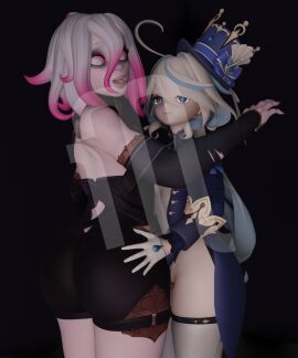 2girls 3d ass ass_grab blender blue_eyes briar_(league_of_legends) butt_grab crossover female furina_(genshin_impact) genshin_impact hand_on_ass hand_on_butt hat hoyoverse league_of_legends mihoyo purple_background purple_skin riot_games shocked shocked_expression simple_background sleeves smug smug_expression smug_face the_michael watermark weird_crossover white_hair yuri