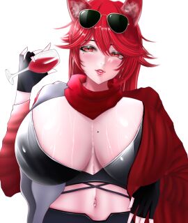 breasts female huge_breasts kemonomimi oc red_eyes red_hair smile1girl wine wine_glass