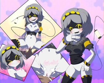 1boy 1girls blush cowgirl_position cum cum_in_pussy cum_inside fangs female female_on_top grey_hair hairband hand_on_hip heart male male/female murder_drones nude nude_female nude_male one_eye_closed open_clothes open_coat partially_clothed peppermintwolf pov pussy robot robot_girl robot_humanoid screen screen_face shaved_pussy short_hair spread_legs sweat tail v_(murder_drones) vaginal_penetration white_body yellow_eyes