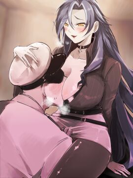 1boy 1girls azur_lane barbaaan_(yatsude) between_breasts blush breasts cap chkalov_(azur_lane) commander_(azur_lane) female grey_hair hat head_between_breasts heart-shaped_pupils indoors inviting light-skinned_female light-skinned_male light_skin male northern_parliament_(azur_lane) seductive skirt symbol-shaped_pupils yellow_eyes