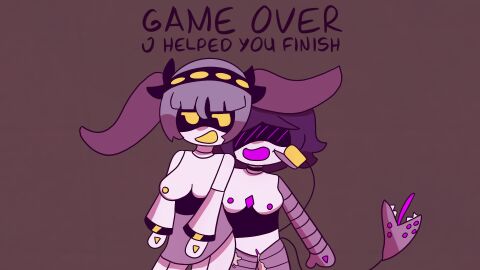 2d 2girls disassembly_drone english_text female female_only glitch_productions humanoid j_(murder_drones) juzi multiple_females multiple_girls murder_drones purple_hair robot robot_girl robot_humanoid screen_face sprinklesofsins tagme text uzi_(murder_drones) white_body worker_drone yuri