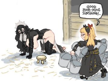 2girls all_fours black_hair blonde-haired_female blonde_female blonde_hair breasts bucket clothed clothed_female clothed_female_nude_female distress distressed executioner_maid_(centuriic) female female_only flareze_(porforever) glasses good_morning_sunshine_(meme) horns imminent_milking meme milk_bucket multiple_females multiple_girls naked naked_female nipples nude nude_female on_all_fours original pubic_hair veil wassnonnam yuri