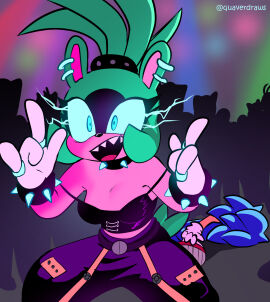 1boy 1girls \\\\\\\\\\\\\\\\m/ \\\\\\\\\\\\\\\\n/ animal_ears animal_nose anthro bare_shoulders belt blue_eyes blue_hair bracelet breasts cleavage clothing collar colored_skin cosplay crop_top ear_piercing earrings eye_trail eyelashes eyeshadow family_guy_death_pose female furry furry_female gloves glowing glowing_eyes green_fur green_hair hands_up jewelry kneeling light_trail looking_at_viewer lying medium_breasts multiple_earrings multiple_rings no_bra on_back open_mouth pants piercing ponytail purple_pants quavernsfw ring sega sharp_teeth shoes smile solo_focus sonic_(series) sonic_the_hedgehog sonic_the_hedgehog_(comics) sonic_the_hedgehog_(idw) sonic_the_hedgehog_(series) spiked_bracelet spiked_collar spikes strap_slip surge_the_tenrec tail teeth topknot twitter_username white_gloves