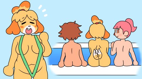 1boy 2girls animal_crossing ass_view bikini compysteps female igzonen isabelle_(animal_crossing) male naked nintendo pool villager_(animal_crossing)