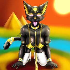 1girls all_fours anthro bald bald_female big_breasts black_fur breasts cat_ears cat_tail catgirl desert diamond diamond_(gem) diamonds egyptian egyptian_clothing egyptian_female egyptian_mythology fangs feline feline_ears feline_humanoid feline_tail front_view furry furry_female furry_only gold_(metal) gold_bikini gold_bracelet gold_bracelets gold_jewelry gold_necklace golden_bikini golden_neckwear golden_panties hanging_boobs hanging_breasts heart-shaped_pupils heart_eyes horny horny_female joey_wolf oc orange_sky original_character pet pet_collar pet_pose pink_eyes pink_tongue pyramid sand sun sunset tongue tongue_out white_legwear white_stockings white_thighhighs yellow_eyelashes yellow_eyeshadow yellow_nail_polish yellow_nails yellow_nose