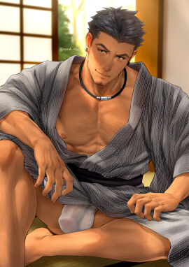 1boy abs arm_hair bara beard beard_stubble black_hair bulge bulge_through_clothing chest_hair daddy dilf earrings fundoshi hi_res indoors japanese_clothes kimono leg_hair male male_only mondi_xxx muscles muscular muscular_legs muscular_thighs necklace original original_character pecs penis penis_peek pubic_hair range_(mondi_xxx) rokushaku_fundoshi short_hair sitting smirk solo spread_legs tatami white_fundoshi yaoi yukata