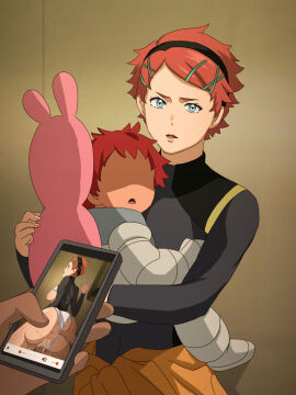 1girls against_wall anus areolae ass ass_grab blue_eyes bra bra_lift cum cum_in_pussy cum_inside elnora_samaya female from_behind gundam gundam_suisei_no_majo hairband hand_on_wall light-skinned_female light_skin milf nipples panties panties_aside phone pink_nipples pussy recording red_hair salmon_knight sex short_hair sweatdrop textless_version vaginal_penetration white_bra white_panties