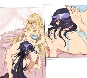 2girls artist_name bed bed_sheet bedroom between_legs black_bra blonde_hair blue_bra blue_hair blue_nails blue_panties blush bra_down breasts clorinde_(genshin_impact) closed_eyes clothed_sex color cunnilingus cunnilingus_through_clothes curly_hair dark_blue_hair female genshin_impact hair_ornament hair_ribbon hand_on_another's_head hand_on_another's_thigh heart highres kneeling lace-trimmed_bra lace-trimmed_panties lace_trim lighting lipstick long_hair long_skirt looking_pleasured navia_(genshin_impact) nipples one_breast_out partially_clothed pink_lipstick purple_highlights romantic romantic_couple seijousai sitting sitting_on_bed skirt spread_legs thigh_grab tied_hair trembling underwear_only very_long_hair watermark white_background yuri