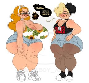 2boys 2femboys areola_slip arra_(bababoy_arts) ass bababoy_arts big_areolae big_ass big_breasts big_butt breasts bulge busty busty_male cleavage femboy future_arra_(bababoy_arts) ginger_hair glasses green_eyes green_hair jorts large_areolae male male_breasts male_cleavage male_tits male_with_breasts mature mature_male present_arra_(bababoy_arts) selfcest thick_thighs two-tone_hair wide_hips