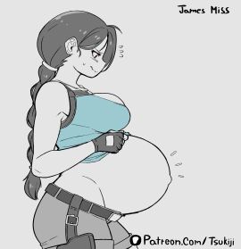 1girls big_belly big_breasts bloated_belly blush breasts brown_eyes clothed clothing dark_hair embarrassed female female_only lara_croft lara_croft_(classic) long_hair navel outie_navel pregnant side_view tight_clothing tomb_raider tsukiji wardrobe_malfunction
