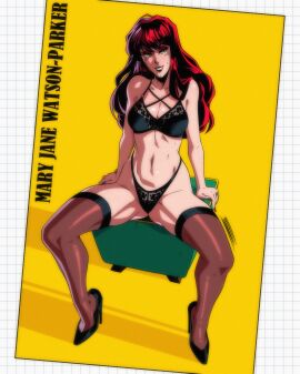 female fishnets fitiddies legs_apart levidu99 lingerie marvel marvel_comics mary_jane_watson seductive_look sitting solo spider-man_(series)