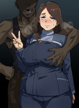 1boy 1girls belmeria_winston blue_eyes blush breast_grab breasts brown_hair chubby chubby_female dark-skinned_male dark_skin female gundam gundam_suisei_no_majo hand_on_another's_chest interracial kisuu light-skinned_female light_skin male mature_female peace_sign steam