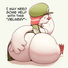 1:1 anthro ass avian beak bedroom_eyes big_ass big_butt bird blush bottomless breasts clothed clothing columbid dove english_text female hair hand_on_ass hand_on_butt hat headgear headwear huge_ass huge_butt kkoart looking_at_viewer looking_back narrowed_eyes non-mammal_breasts open_beak open_mouth paz_(kkoart) red_hair seductive sitting solo text white_body