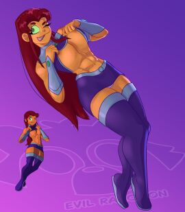 abs alien alien_girl big_breasts breasts cartoon_network dc dc_comics evil_raccoon female green_eyes koriand'r massive_breasts miniskirt muscles muscular muscular_female one_eye_closed orange_body orange_hair orange_skin red_hair redraw smile starfire teasing teen_titans tongue tongue_out underboob undressing