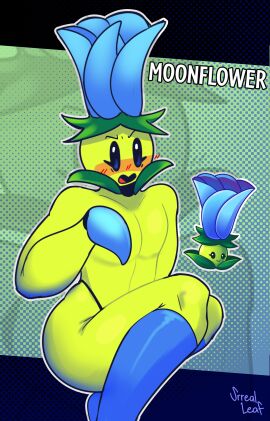 1boy anthro blush femboy flora_fauna leaf male moonflower_(pvz) plant plant_humanoid plantie plants_vs_zombies plants_vs_zombies_2:_it's_about_time pvz solo solo_focus solo_male srrealleaf thick_thighs thighhighs twink watermark