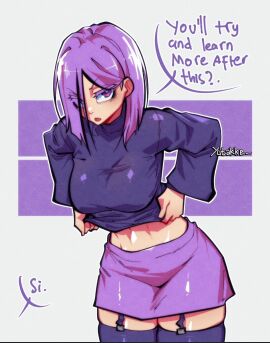 1girls dialogue duolingo english_text female female_focus female_only fit fit_female fortin fully_clothed lily_(duolingo) looking_at_viewer midriff purple purple_eyelashes purple_eyes purple_hair short_hair skirt stockings talking_to_viewer thighhighs undressing yutakke