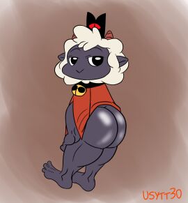 1boy ass big_ass big_butt black_eyes bottomless cult_of_the_lamb fat_ass fat_butt horns huge_ass huge_butt lamb_(cult_of_the_lamb) looking_back male male_only red_crown_(cult_of_the_lamb) solo thick_ass thick_butt usytt30 white_wool