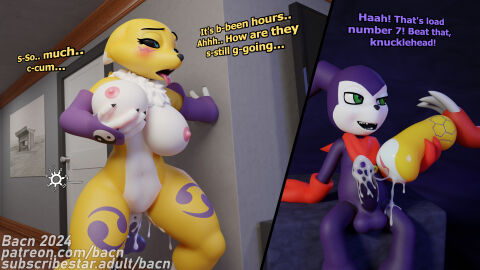 1girls 2024 2boys 3d absurd_res after_sex anthro areola bacn balls bandai_namco big_breasts blush bodily_fluids breasts canid canine claws clothing comic competitive_sex cum cum_in_pussy cum_inside detailed_background dialogue digimon digimon_(species) digital_media_(artwork) disembodied_penis english_text erection female female_penetrated fox furry genital_fluids genitals gloves group guilmon guilmon_(bacn) handwear hi_res huge_breasts imp impmon impmon_(bacn) impregnation leaking_cum male male/female male_penetrating male_penetrating_female mammal marathon_sex markings naked nipples non-euclidean_sex nude open_mouth ovum penetrable_sex_toy penetration penile penis portal portal_fleshlight portal_sex pussy remote_transfer renamon renamon_(bacn) scalie self_grope sex sex_toy simple_background sitting smile sperm_cell standing taking_turns text thinking_with_portals trio vaginal vaginal_penetration white_body yellow_body