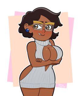 1girls 2d 2d_(artwork) albinocawfee arms_crossed_under_breasts artist_name big_breasts breasts brown_eyes brown_hair busty camila_noceda cleavage dark-skinned_female dark_skin digital_drawing_(artwork) disney disney_channel female female_only glasses huge_breasts large_breasts latina latina_milf mature_female milf no_bra no_panties solo the_owl_house virgin_killer_sweater