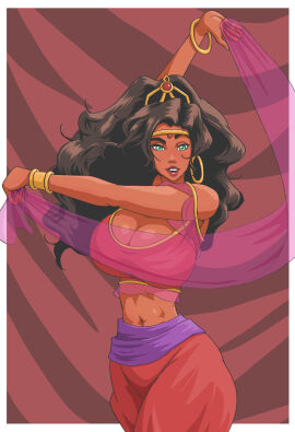 1girls aqua_eyes belly_dancer belly_dancer_outfit black_hair breasts cleavage dancer dancer_outfit dark-skinned_female dark_skin disney esmeralda female gypsy hair_ornament huge_breasts long_hair looking_at_viewer the_hunchback_of_notre_dame wanderagro893