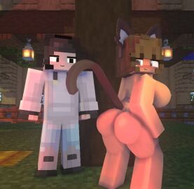 1boy 1girls 3d ass brown_eyes brown_hair cat_ears cat_girl cat_humanoid cat_tail catgirl female horny_female inviting_to_sex kaneefox lola_(kaneefox) male mine-imator minecraft nude nude_female outside posing public pussy tagme wet_pussy