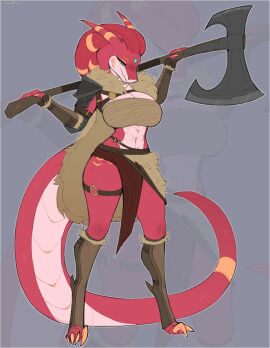 abs anthro axe blue_eyes claweddrip female furry horned horned_female horned_humanoid horns loincloth red_body red_scales reptile reptile_girl reptile_humanoid viking viking_female