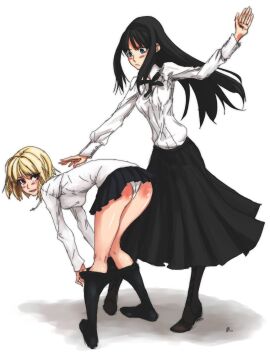 00s 2girls alternate_costume arcueid_brunestud ass bent_over black_hair black_legwear black_skirt blonde_hair blush breasts clothes_pull drawfag female female_focus highres large_breasts long_hair long_skirt looking_back multiple_females multiple_girls non-web_source panties pantyhose pantyhose_pull short_hair skirt smile spanked spanking tohno_akiha tsukihime underwear white_background