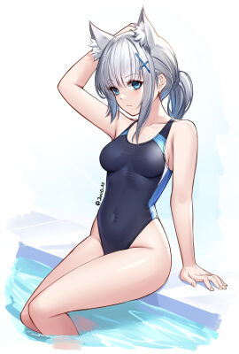 1girls abydos_high_school_student animal_ears arm_above_head arm_behind_head arm_support armpits bare_arms bare_legs bare_shoulders bare_skin bare_thighs belly_button black_swimsuit black_swimwear blue_archive blush breasts collarbone covered_navel covered_nipples dot_nose elbows female female_focus female_only fingernails fingers foreclosure_task_force_(blue_archive) grey-haired_female grey_hair hand_above_head hand_behind_head hand_up high_resolution highres jurrig knees legs light-skinned_female light_skin long_hair looking_at_viewer medium_breasts navel partially_submerged partially_submerged_legs ponytail pool poolside school_swimsuit shiny_skin shiroko_(blue_archive) shiroko_(swimsuit)_(blue_archive) shoulders sideboob sidelocks silver-haired_female silver_hair simple_background sitting sitting_on_floor slender_body slender_waist slim_female slim_waist solo swimsuit swimwear teenager thick_thighs thighs thin_waist upper_body v-line water watermark wet white_background wide_hips