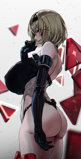 1girls ass ass_focus back big_ass blonde_hair bob_cut breasts breasts_bigger_than_head disgustingtokki eyebrows_visible_through_hair female female_only goddess_of_victory:_nikke hair_ornament hairband hips huge_breasts leotard light-skinned_female light_skin long_gloves mostly_clothed motion_blur nipple_bulge red_eyes red_shoes_(nikke) sideboob solo tagme thick_thighs thighs tight_clothing white_background