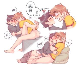 2boys ? ?? ahoge artist_name balls barefoot black_hair blush bottomless closed_eyes commentary english_commentary english_text french_kiss full_body gay half-closed_eyes highres kissing looking_at_another male male_focus male_only moaning multiple_boys multiple_males netflix orange_hair pillow possumdaddi scott_pilgrim scott_pilgrim_takes_off scott_w_pilgrim short_hair simple_background sitting surprised teeth testicles thick_eyebrows toes wallace_wells white_background wide-eyed yaoi