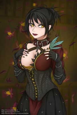 1girls 2d big_breasts black_hair breasts dragon_age dress female female_only image_set kef34 morrigan_(dragon_age) short_hair solo solo_female yellow_eyes