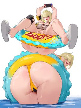 1girls ass bent_over big_ass big_breasts bikini blonde_hair breasts busty elegg_(boom_and_shock)_(nikke) elegg_(nikke) eyebrows_visible_through_hair fat_ass female female_only goddess_of_victory:_nikke grdrawww hair_over_eyes huge_ass huge_breasts large_ass large_breasts looking_at_viewer looking_back presenting presenting_hindquarters purple_eyes shoes solo swimsuit thick_ass thick_thighs water wide_hips