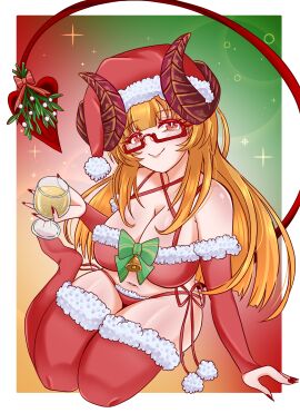 1girls blonde_hair breasts christmas_outfit cleavage demon demon_girl demon_horns demon_tail female glasses highres indie_virtual_youtuber large_breasts mistletoe red_eyes revealing_outfit santa_hat succubus tane tane_tenshi virtual_youtuber vtuber wine wine_glass
